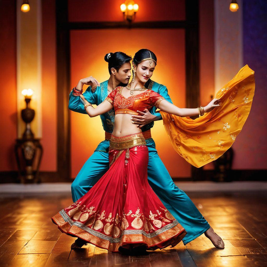 A captivating scene depicting a dance between two lovers, showcasing a fusion of sensuality and traditional cultural elements. The dancers should be adorned in elegant attire that represents different cultures, blending vibrant colors and intricate patterns. The background should have soft, ambient lighting to evoke warmth and intimacy, highlighting the harmony between modern sensuality and traditional customs. The atmosphere should feel inviting and celebratory, symbolizing joy in intimacy. super-realistic. vibrant colors. soft focus.