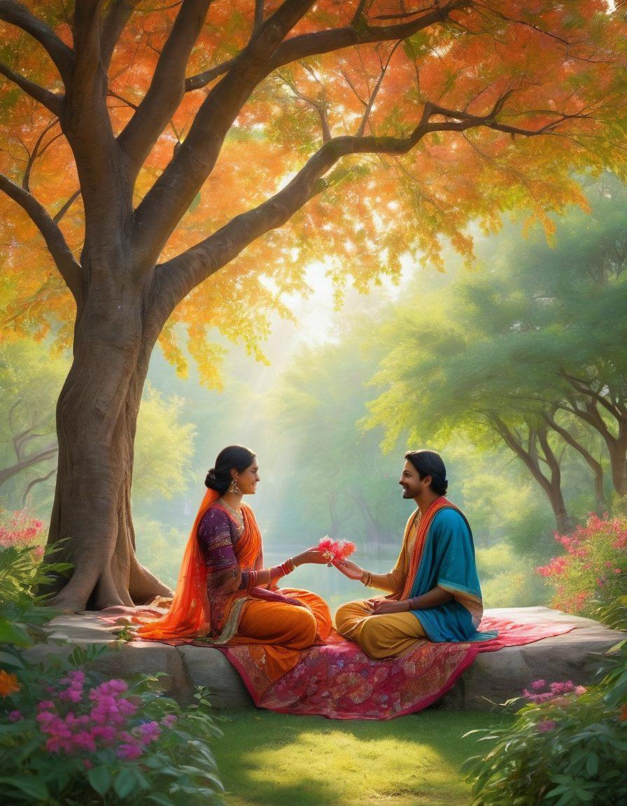A serene setting depicting two individuals engaged in an intimate, joyful conversation under a blooming Indian tree, surrounded by vibrant colors of nature. Incorporate elements of traditional Indian art like intricate patterns and motifs that symbolize love and connection. The backdrop should radiate a sense of peace and happiness, with soft sunlight filtering through the leaves. Include small details like flowers and colorful fabrics to enhance the mood. super-realistic. vibrant colors. natural setting.