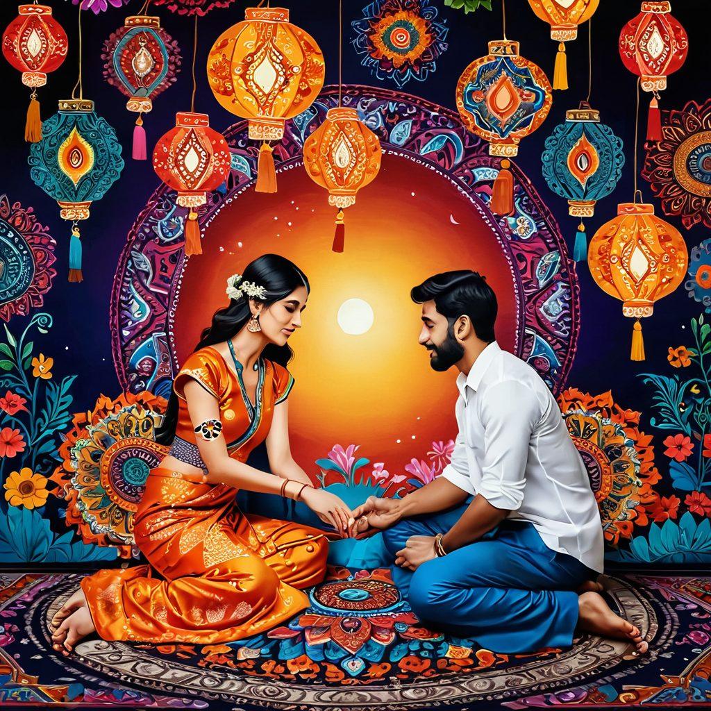 A vibrant and colorful depiction of an intimate scene inspired by Indian culture, featuring traditional motifs like paisley and mandalas. Showcase a couple joyfully engaged in a loving moment, surrounded by elements like fragrant flowers, lanterns, and rich textiles. The background should reflect a fusion of romance and cultural heritage, incorporating artistic details and warmth. super-realistic. vibrant colors. soft lighting.